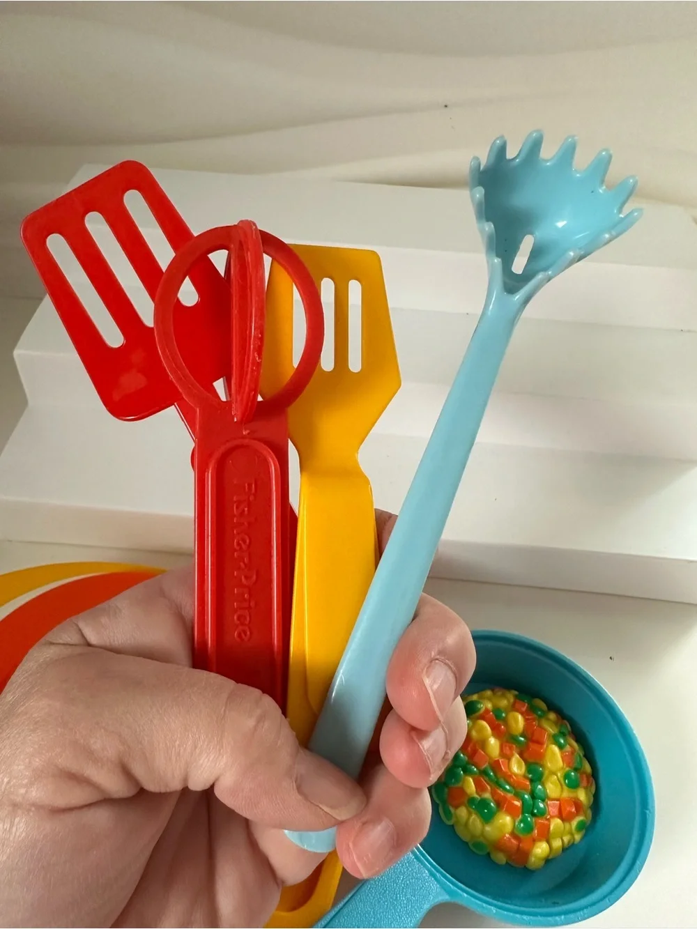 Fisher-Price Vintage Toy Dish Set Plate Cups Pots Utensils Salt Pepper Play 80’s
